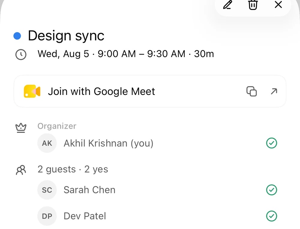 A meeting in Handled: time, the Google Meet link, the organiser, and each guest with their RSVP