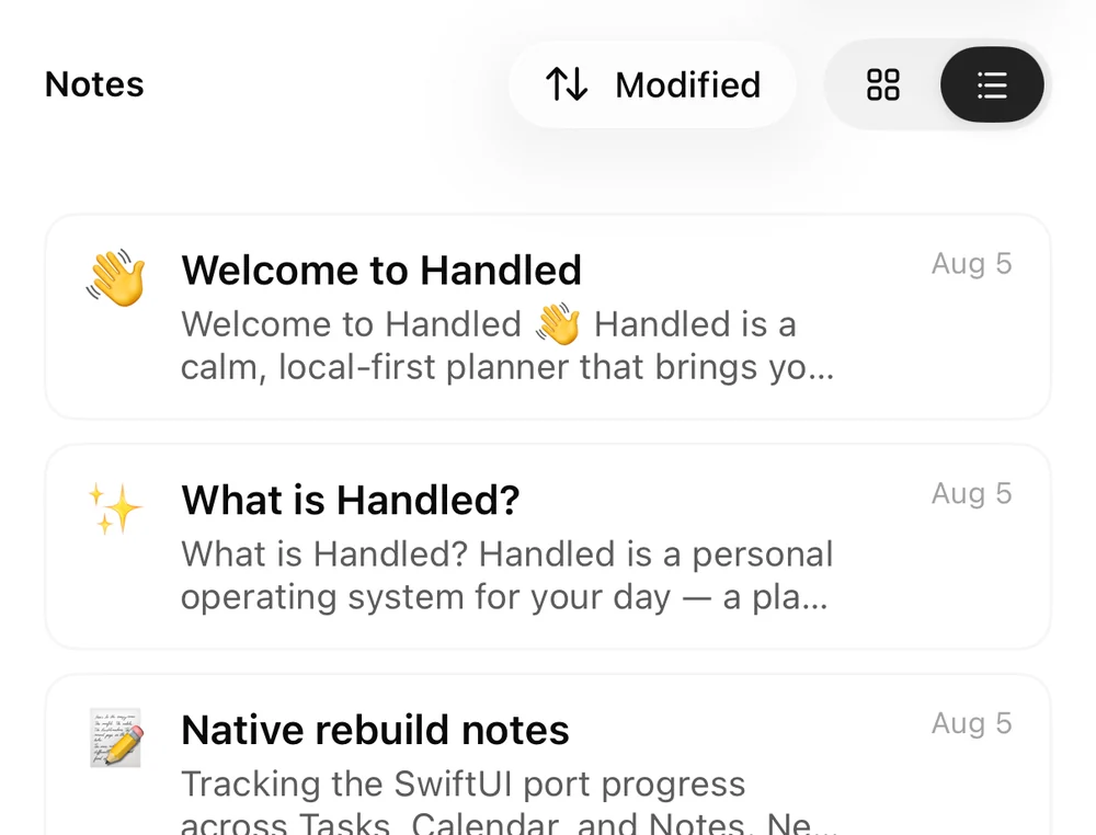 Handled's Notes list sorted by last modified, each note showing its first lines