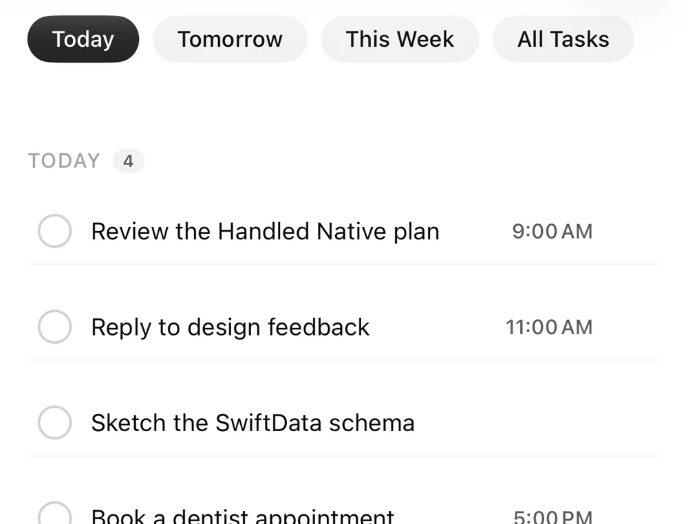Handled's Tasks screen filtered to Today, with due times beside each item
