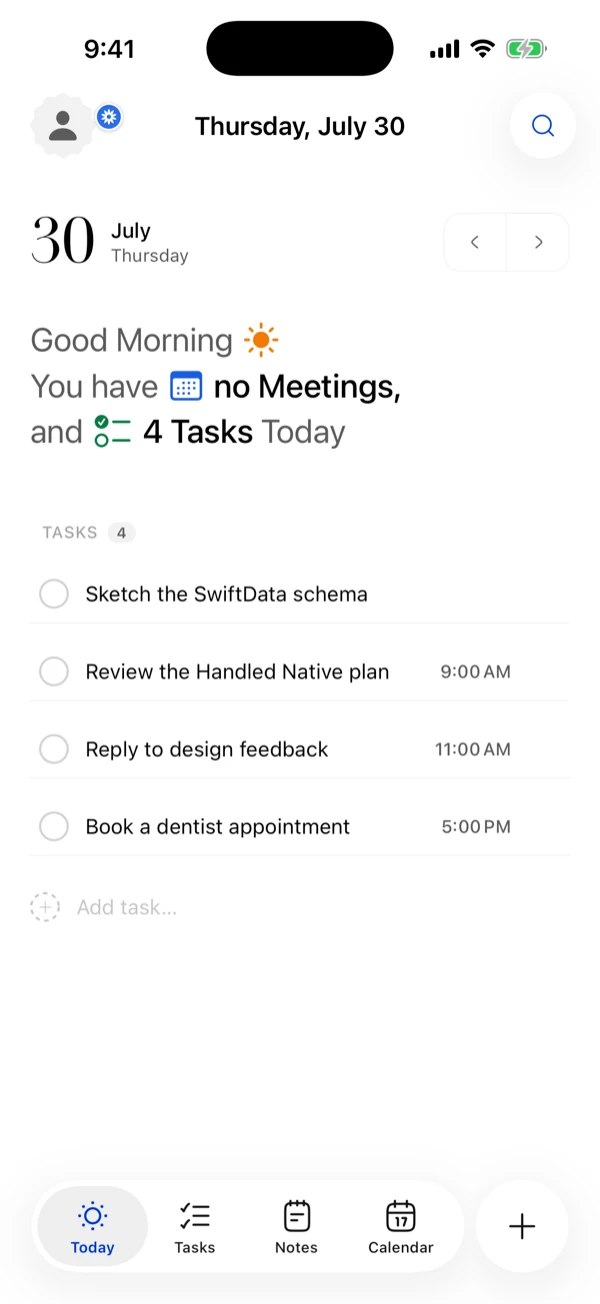 Handled's Today screen: morning greeting, next meeting, and the day's tasks