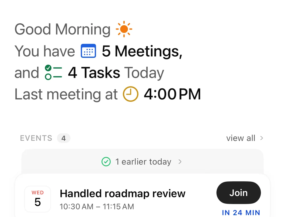 Handled's Today screen: the morning greeting, the next meeting with a Join button, and the day's tasks