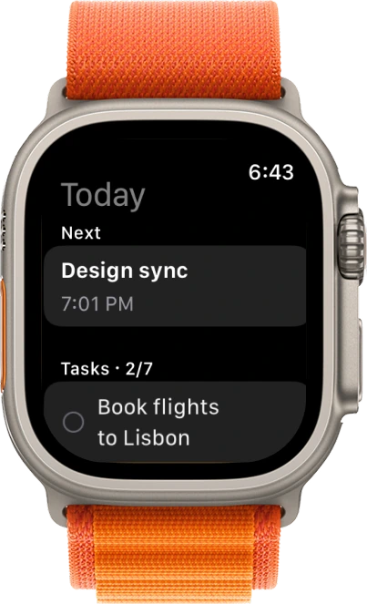 Handled on Apple Watch: the next meeting and the day's tasks on the wrist
